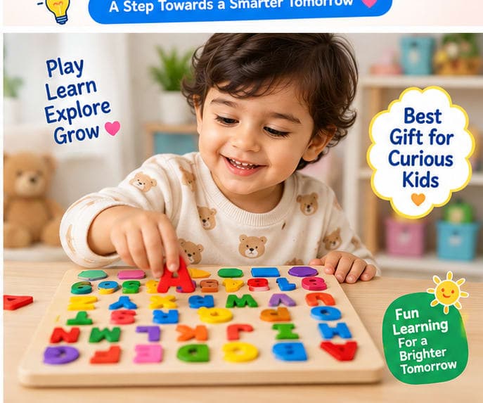 KidoBrains Wooden ABCD Learning Board for Kids Puzzles Set Educational Toy for Toddlers 2+ Years Alphabets Numbers Shapes