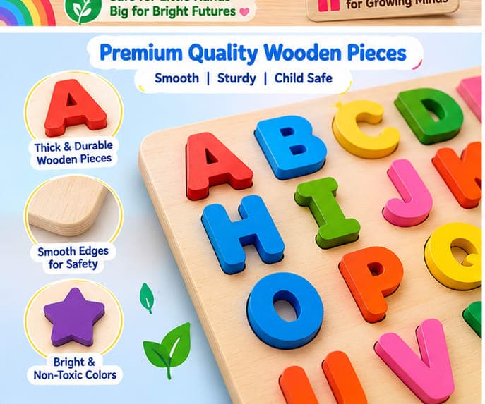 KidoBrains Wooden ABCD Learning Board for Kids Puzzles Set Educational Toy for Toddlers 2+ Years Alphabets Numbers Shapes