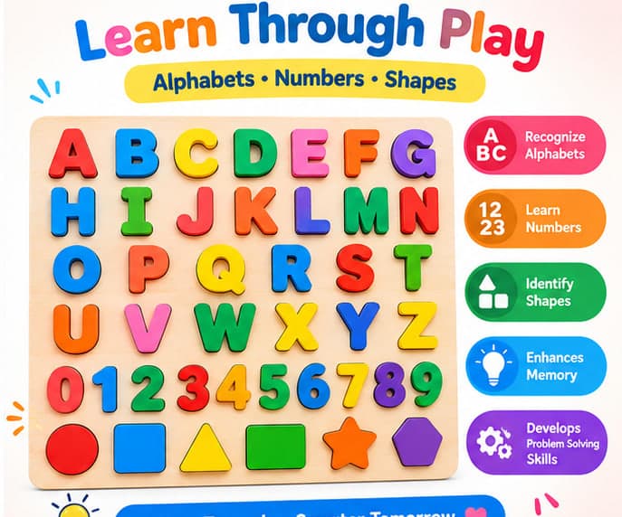 KidoBrains Wooden ABCD Learning Board for Kids Puzzles Set Educational Toy for Toddlers 2+ Years Alphabets Numbers Shapes