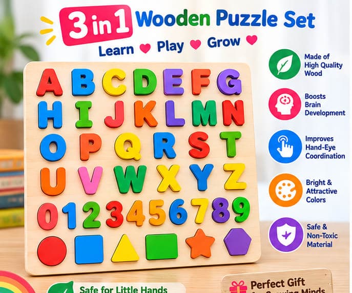 KidoBrains Wooden ABCD Learning Board for Kids Puzzles Set Educational Toy for Toddlers 2+ Years Alphabets Numbers Shapes