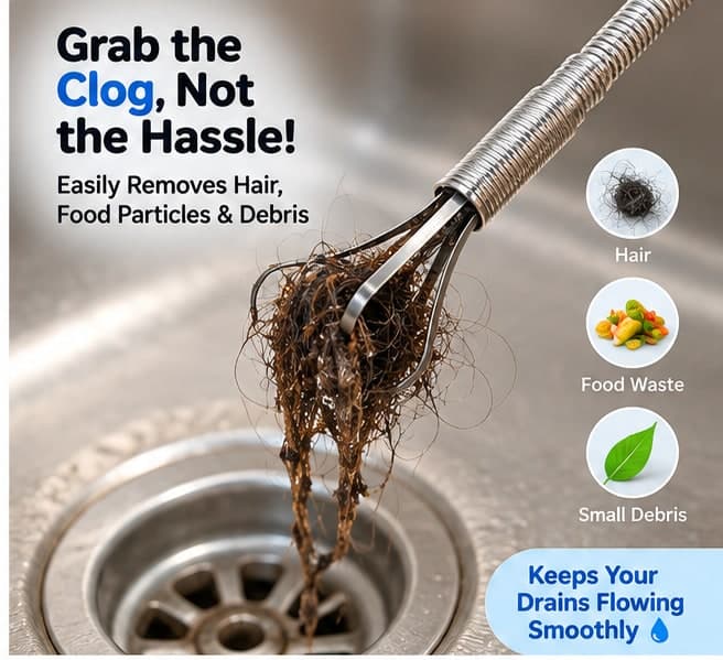 Drain Cleaner Wire Stick Stainless Steel Hair Catching Claw Drain Sewer Cleaning Spring Sink Pipe Plunger Unblocked Kitchen Bath Basin Hairs Remover Tool 160 cm Wire Pack of 1