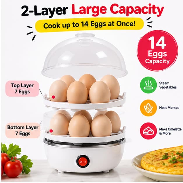 Electric Egg Boiler and Omelette Maker 2-Layer Egg Cooker Portable Egg and Milk Boiler 14 Egg Capacity Automatic Off