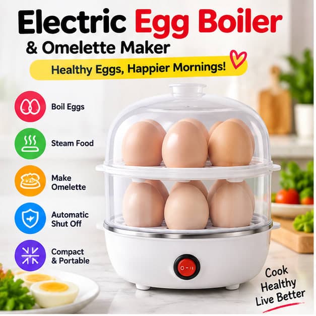 Electric Egg Boiler and Omelette Maker 2-Layer Egg Cooker Portable Egg and Milk Boiler 14 Egg Capacity Automatic Off