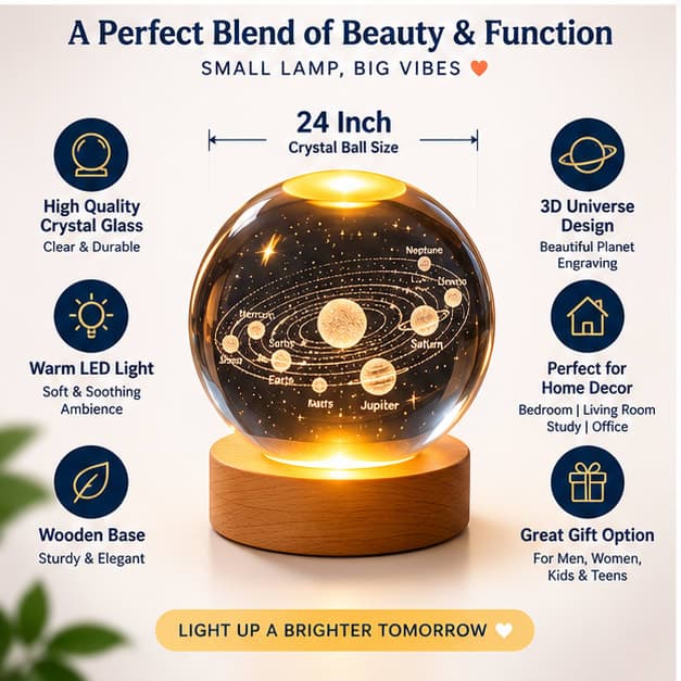 Rolexexplorer Universe Crystals Ball Night Light 2.4 Inch Glass Ball Night LED Lamp with Wooden Base Decorations Gifts for Men Women Kids Boys Girls Teens