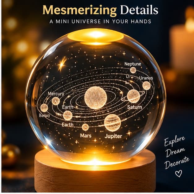 Rolexexplorer Universe Crystals Ball Night Light 2.4 Inch Glass Ball Night LED Lamp with Wooden Base Decorations Gifts for Men Women Kids Boys Girls Teens