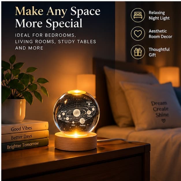Rolexexplorer Universe Crystals Ball Night Light 2.4 Inch Glass Ball Night LED Lamp with Wooden Base Decorations Gifts for Men Women Kids Boys Girls Teens